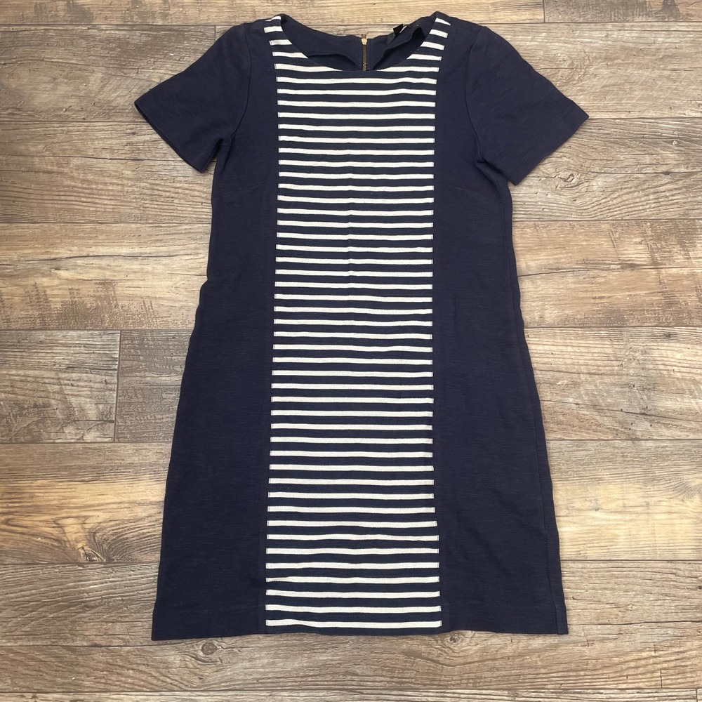 J.Crew Navy Blue Striped Front Panel‎ Shift Dress Gold Back Zip Women Sz 4